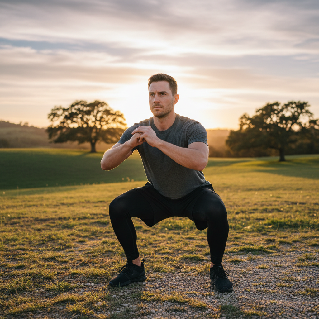 Homme réalisant un mouvement de squat avec sa propre masse corporelle dans un espace extérieur dégagé, concentration visible sur son visage, tenue sportive sobre