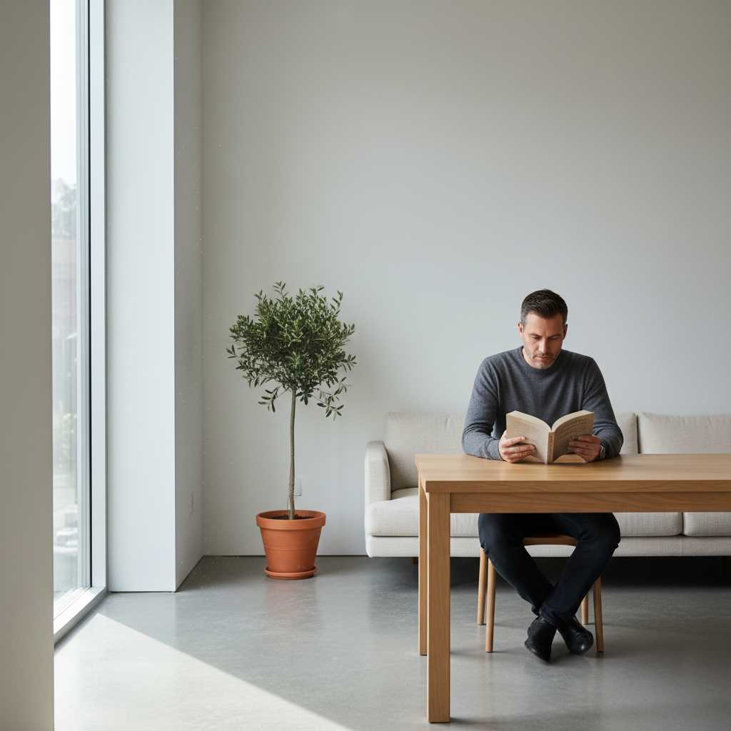 Homme assis calmement à une table, lisant un livre dans une pièce lumineuse et minimaliste, lumière naturelle, atmosphère de sérénité et concentration